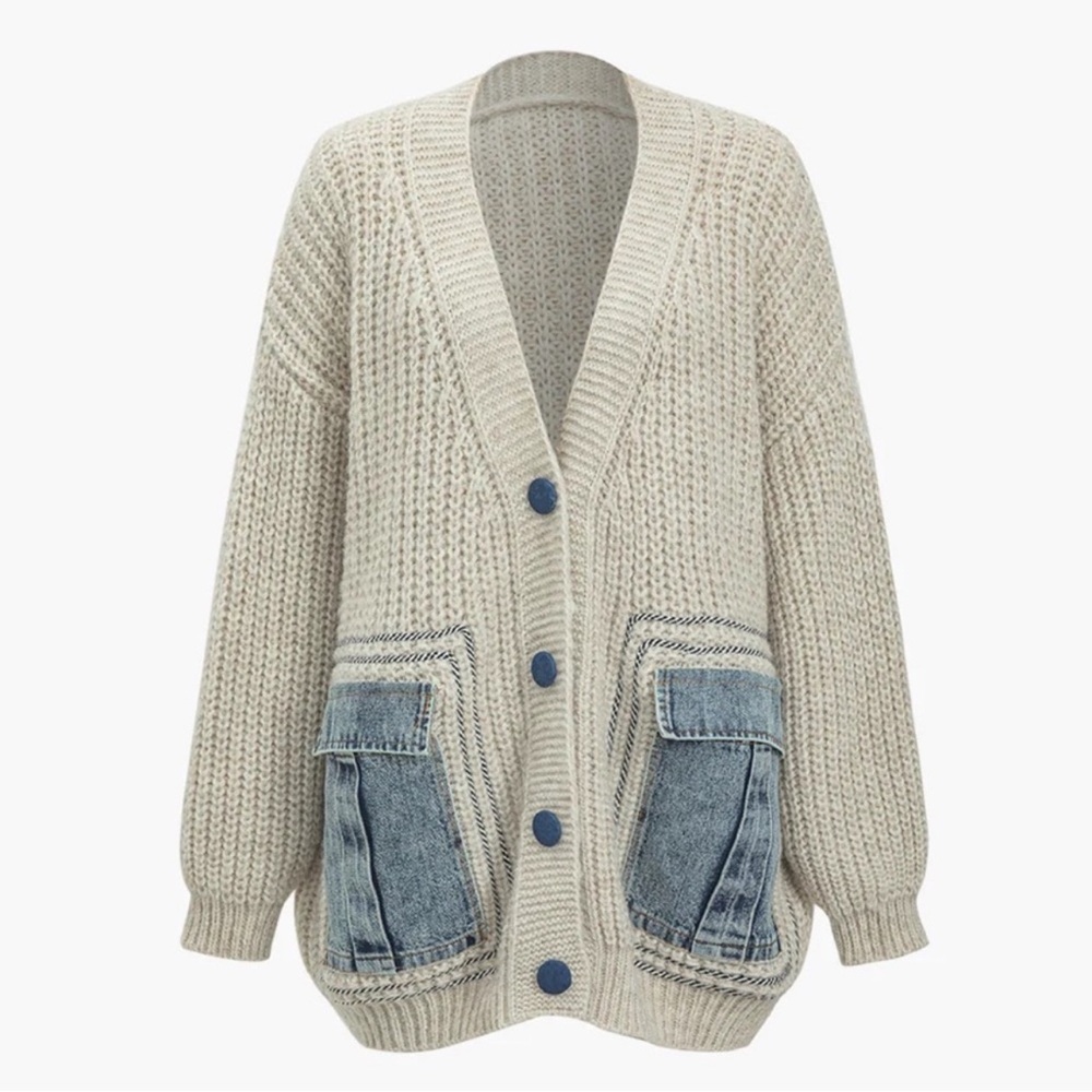 202. Micas Denim Patchwork Button Pocket Sweater … - image 1